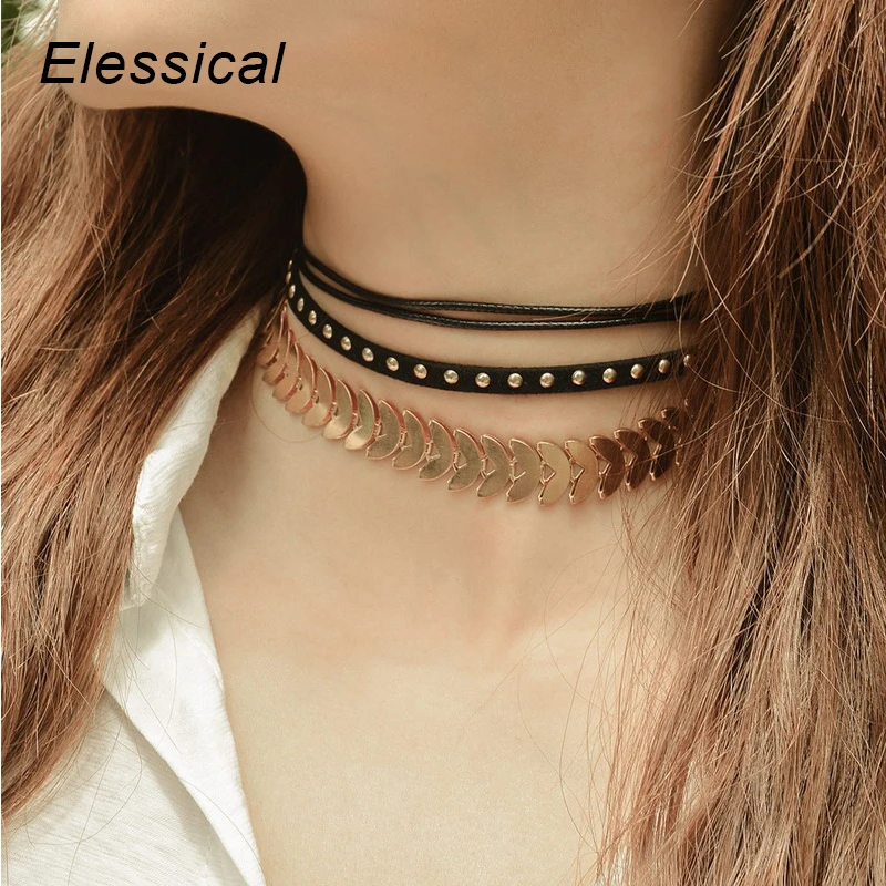 Elessical в стиле панк из металла Заклёпки проложили колье Многослойная ключицы цепи