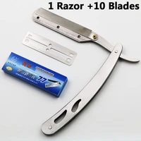 1 set men straight barber edge steel razors folding shaving knife hair removal tools with 10pcs blades 77 03