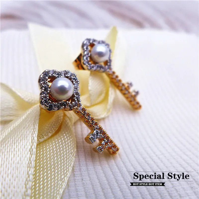 

pearl cubic zirconia stud earrings for women girls clear white rhinestone key shape rose golden sweet korean trendy AAA quality