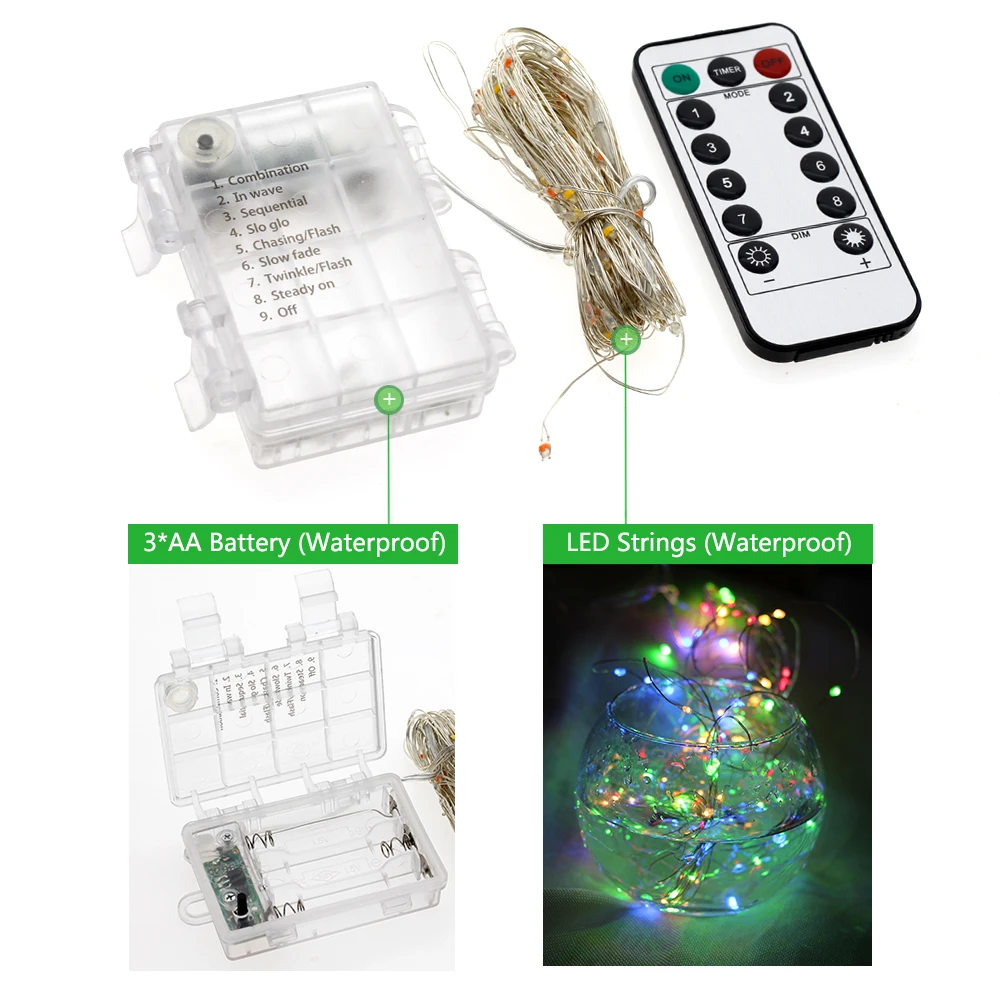 Светодиодный струнный светильник s батарея работает 5 м 50LED / 10 100LED ing String наружный