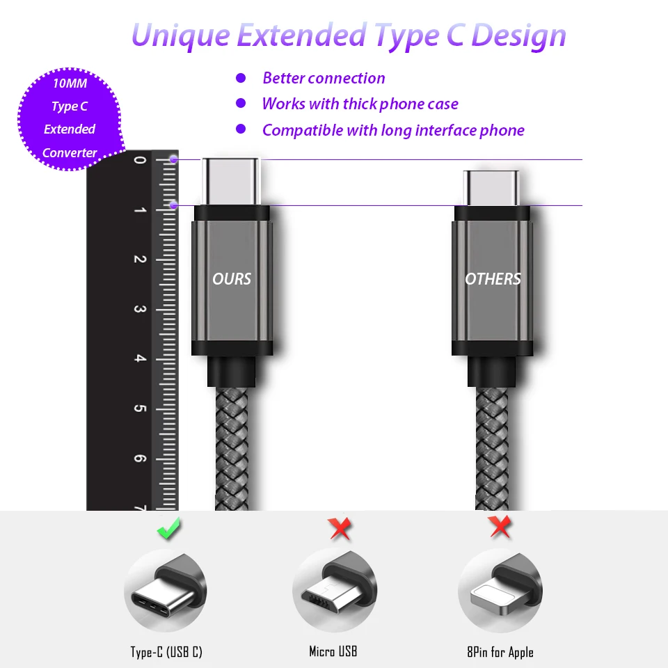10 мм длиной Тип usb C Расширенный разъем зарядный кабель для передачи данных Umidigi