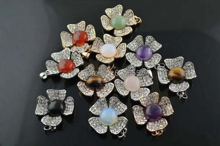 Mix полудрагоценные Камень Круглый кабошоны Цветок Форма Подвески fit Ожерелье