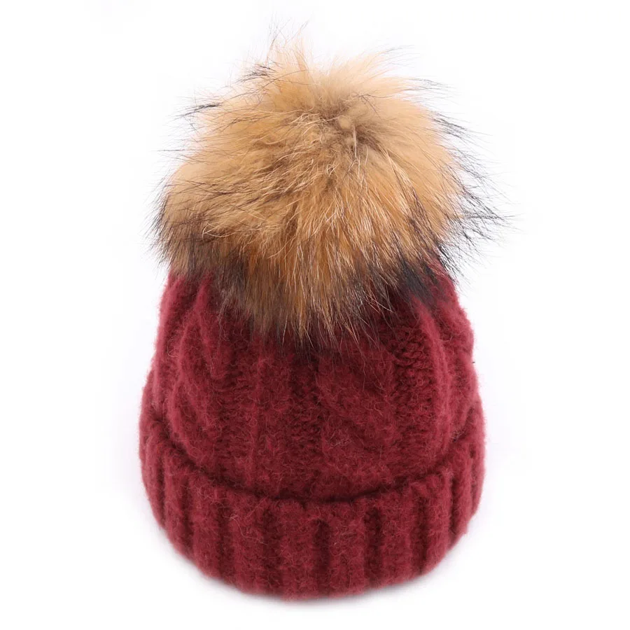 New Design Winter Kid Warm Baby Hats With Real Raccoon Fur Ball Solid Beanies 1 To 4 Years Old Children Caps 2018 Arrival | Аксессуары