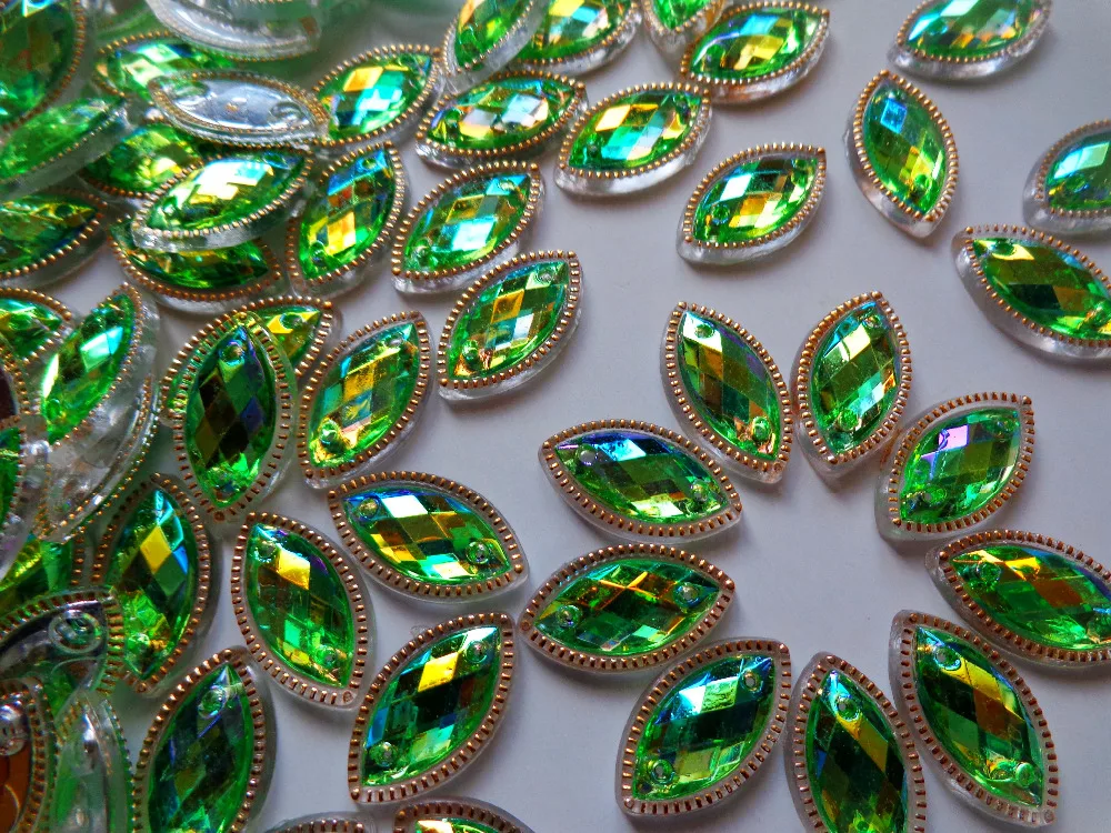 100 шт. пришивные стразы светло-зеленые конский глаз в форме пупета 7*15 мм