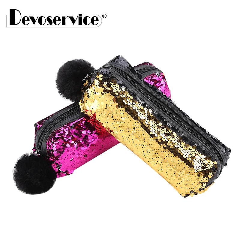 Чехол для карандашей с двусторонними блестками и помпоном девочек|Пеналы| |