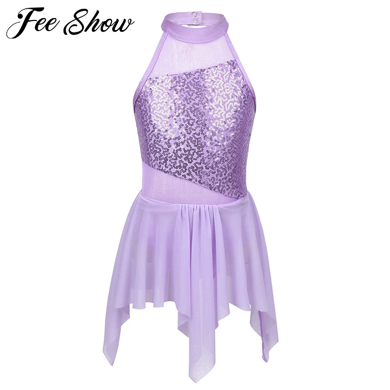Teens Girls Sequins Ballet Leotard Dresses Children Irregular Tutu Dress Kids Figure Skating Stage Lyrical Dance Costumes | Детская
