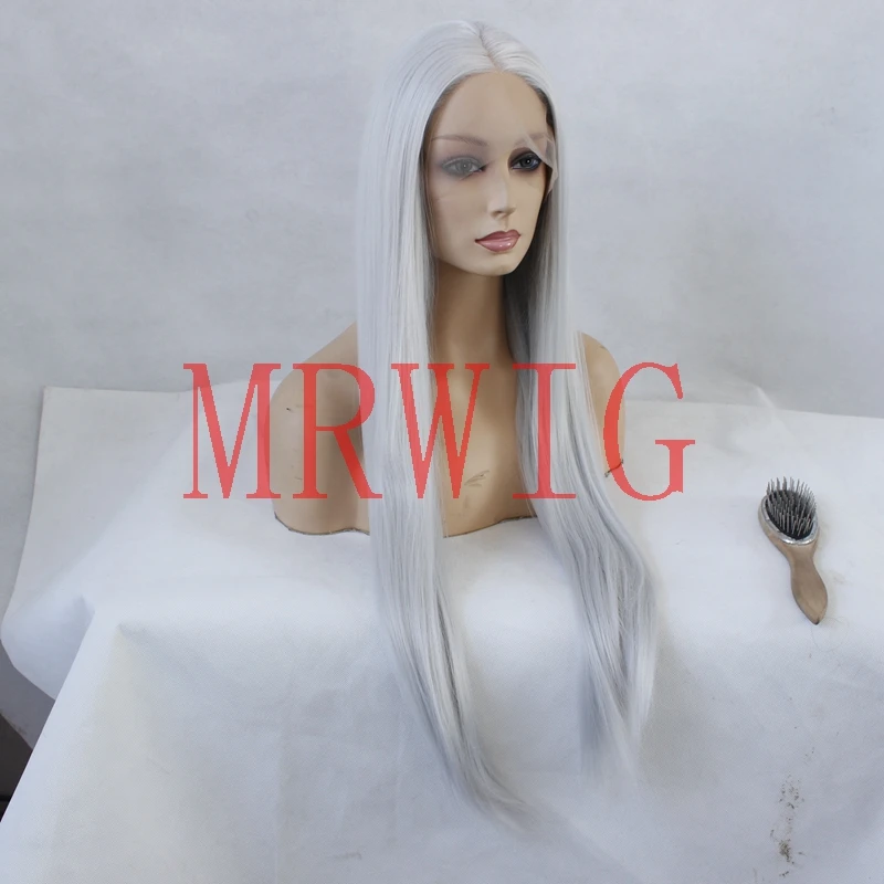 MRWIG белые серые волосы Цвет Средняя часть настоящие волосы 26 дюймов 150% косплей для черных женщин, парики синтетические волосы серый цвет