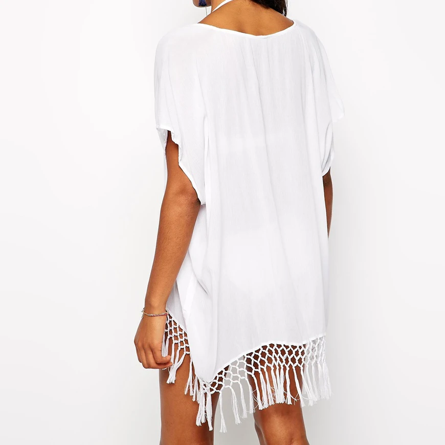 Женская шифоновая накидка-бикини с кисточками белая прозрачная накидка для
