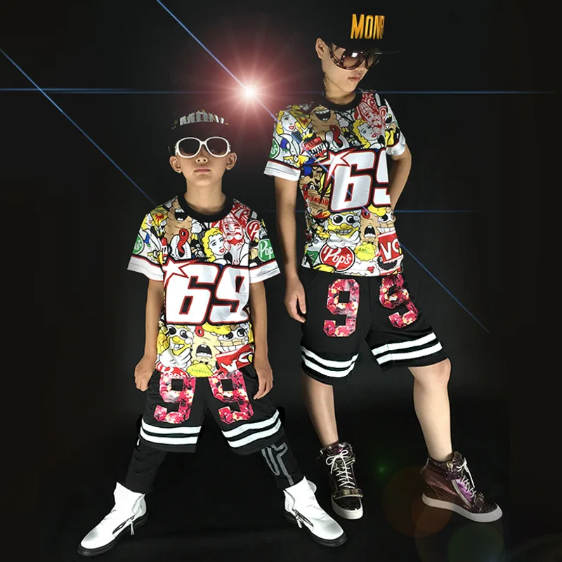 

Students Hip Hop Dancing Costume Kids Summer Short Sleeve T-shirt Suit Boy Jazz Dance Clothes Adult Stage Performance Clothes 18