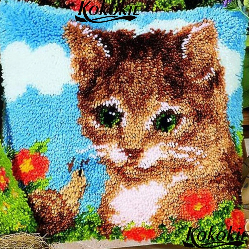 

Cat cushion embroidery yarn latch hook rug making kits handmade cross stitch kits embroidery needlework sets embriodered mats