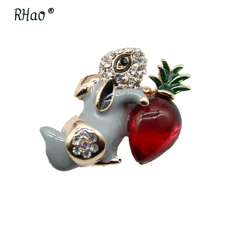 RHao Cute Crystal Rabbit with Carrot Brooch pins 6 colors choose White Enamel animal Brooches for Women Kids collar | Украшения и