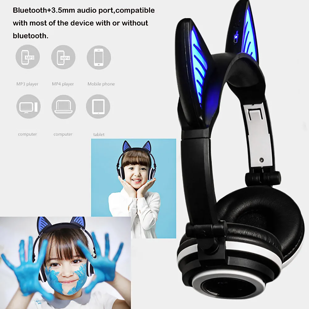 Bluetooth наушники беспроводные складные мигающие кошачьи игровая гарнитура с