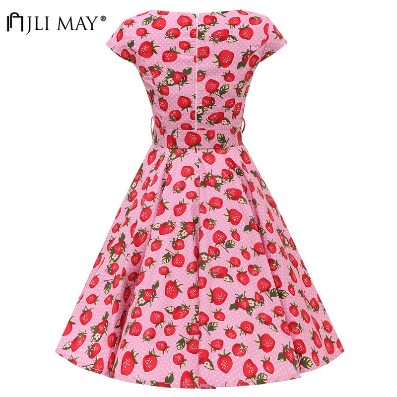 Винтажное платье с принтом клубники JLI мая 50s вечернее элегантное классическое