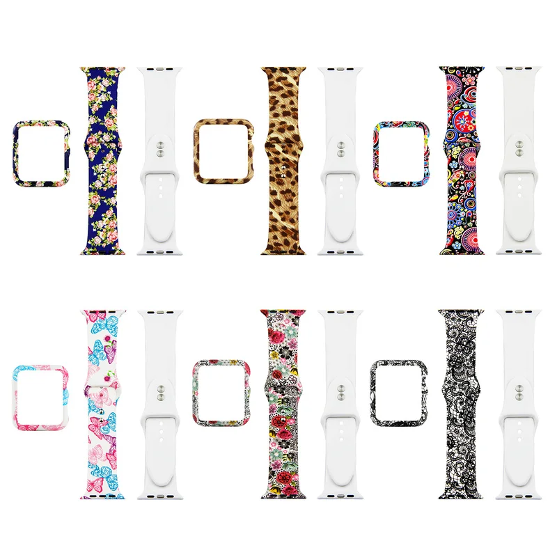 Силиконовый ремешок с цветочным принтом + чехол для Apple Watch Band 42 мм 38 44 40 браслет