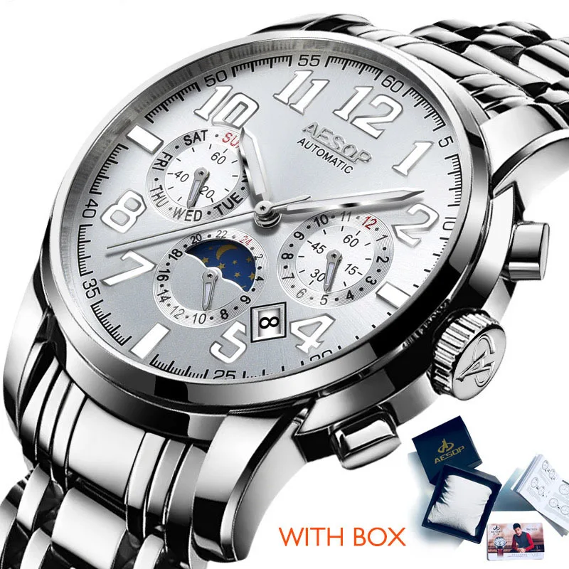 White silver Box AESOP автоматические механические часы мужские роскошные брендовые Бизнес водонепроницаемые наручные часы из нержавеющей стали мужские часы Relogio Masculino - Цвет: White silver Box