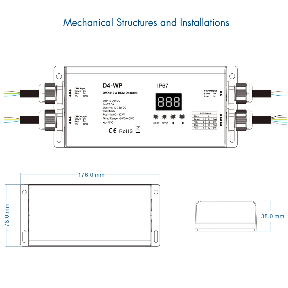Водонепроницаемый декодер DMX512 и RDM 4 канала постоянного напряжения D4 WP DC12V 36V IP67