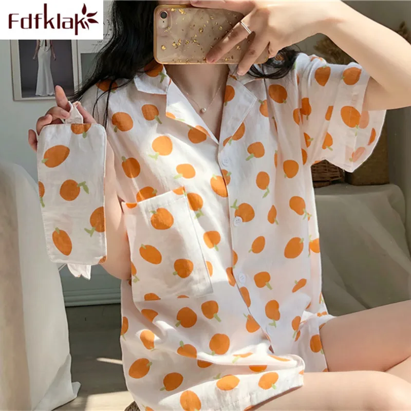 Fdfklak Orange print pyjamas women cotton sleepwear set casual student's nightwear pijama home wear pajamas sets with Eye mask | Женская