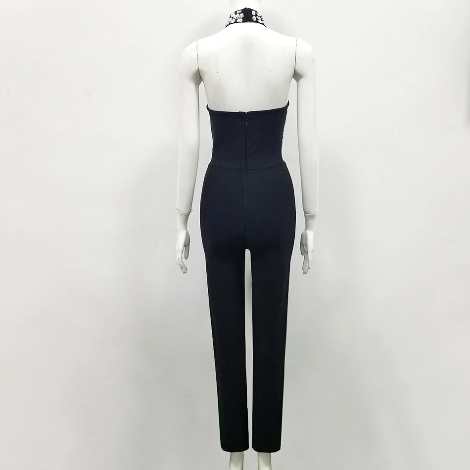 Crystal Halter Tassel Elegant Womens Rompers Jumpsuit Backless Diamonds One Piece Maxi Black Bodysuit Sexy Overalls | Женская одежда