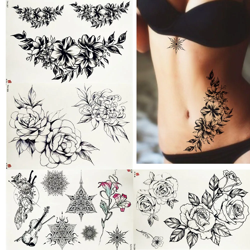 Фото Искусственные эскизы наклейки с цветами татуировки для женщин тела руки талии