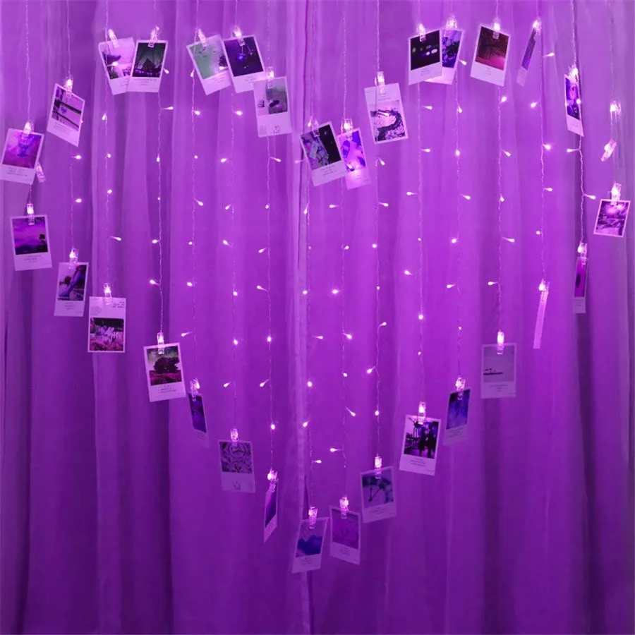 Purple Thrisdar 2x1,5 м 34 шт. светодиодная гирлянда с зажимом для фотографий, сказочный светильник 220 В в форме сердца, Рождественская Свадебная вечеринка, праздничная сказочная гирлянда - Испускаемый цвет: Purple