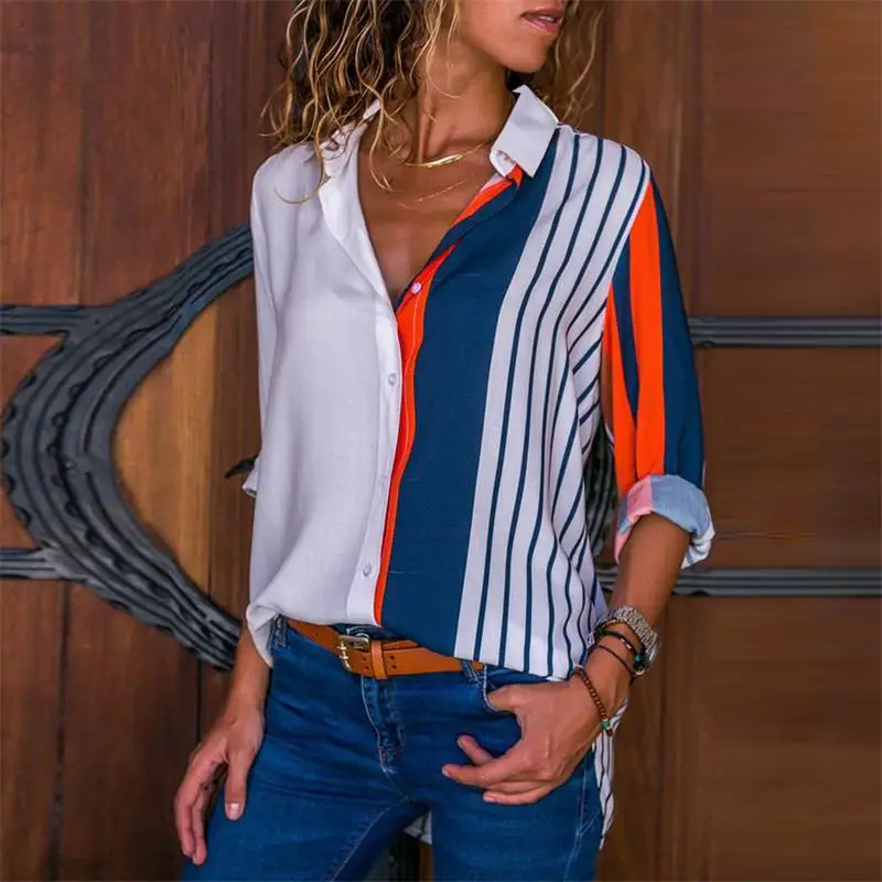 Белый Женские рубашки, Полосатая туника, плюс размер, Blusas Chemisier Femme, женские блузки, цветочный принт, длинный рукав, отложной воротник, блузка - Цвет: Белый