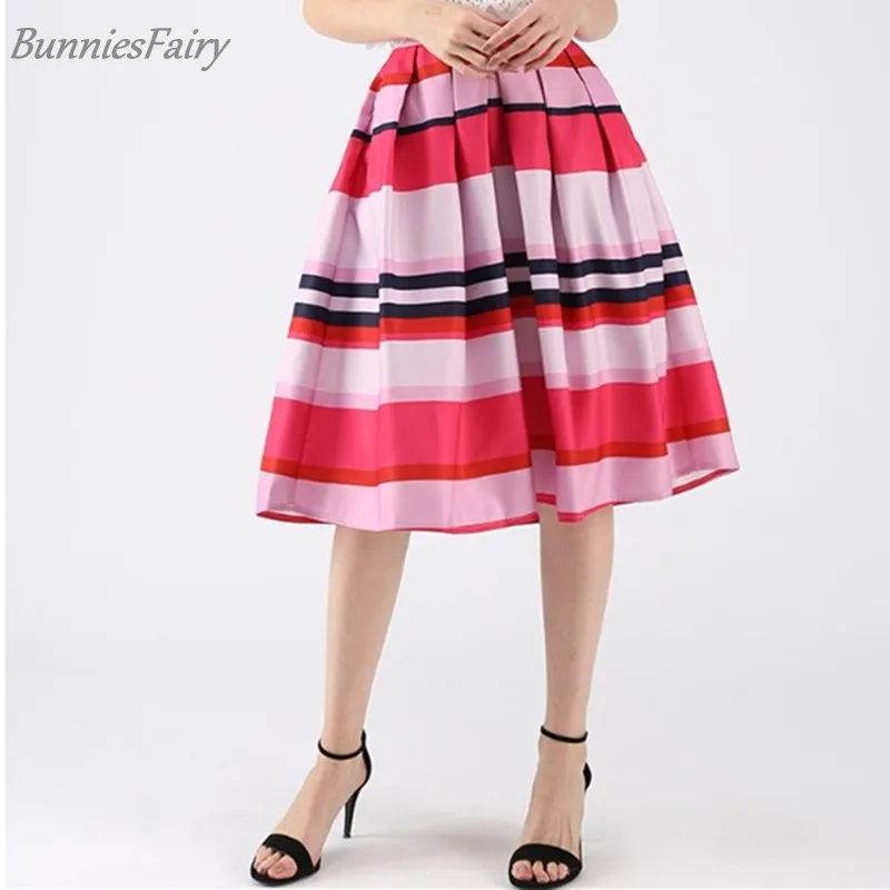 BunniesFairy Autumn Hepburn 1950s 60s Vintage Retro Stayin' Alive Colorful Pink Stripes Geometric Print Pleated Midi Skirt