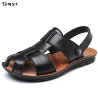 yomior men sandals summer men black fashion casual beach sandals genuine leather high quality flats shoes sandalias big size