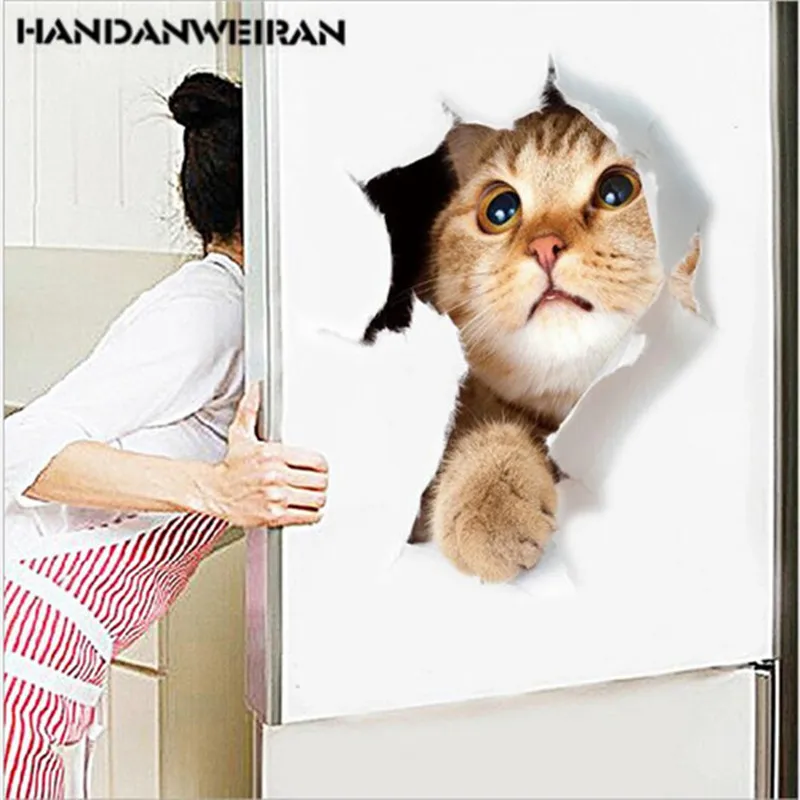 

3D Hole Cat Fridge Decoration Sticker Cute Animal Cat Toilet Sticker Home Decal Wall Stickers For Bathroom 2018 Selling And Hot