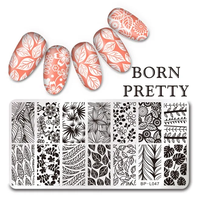 Born pretty 12*6 см Листьев Модель Прямоугольник Ногтей Штамповки Шаблон Маникюр Ногтей Плиты BP-L047