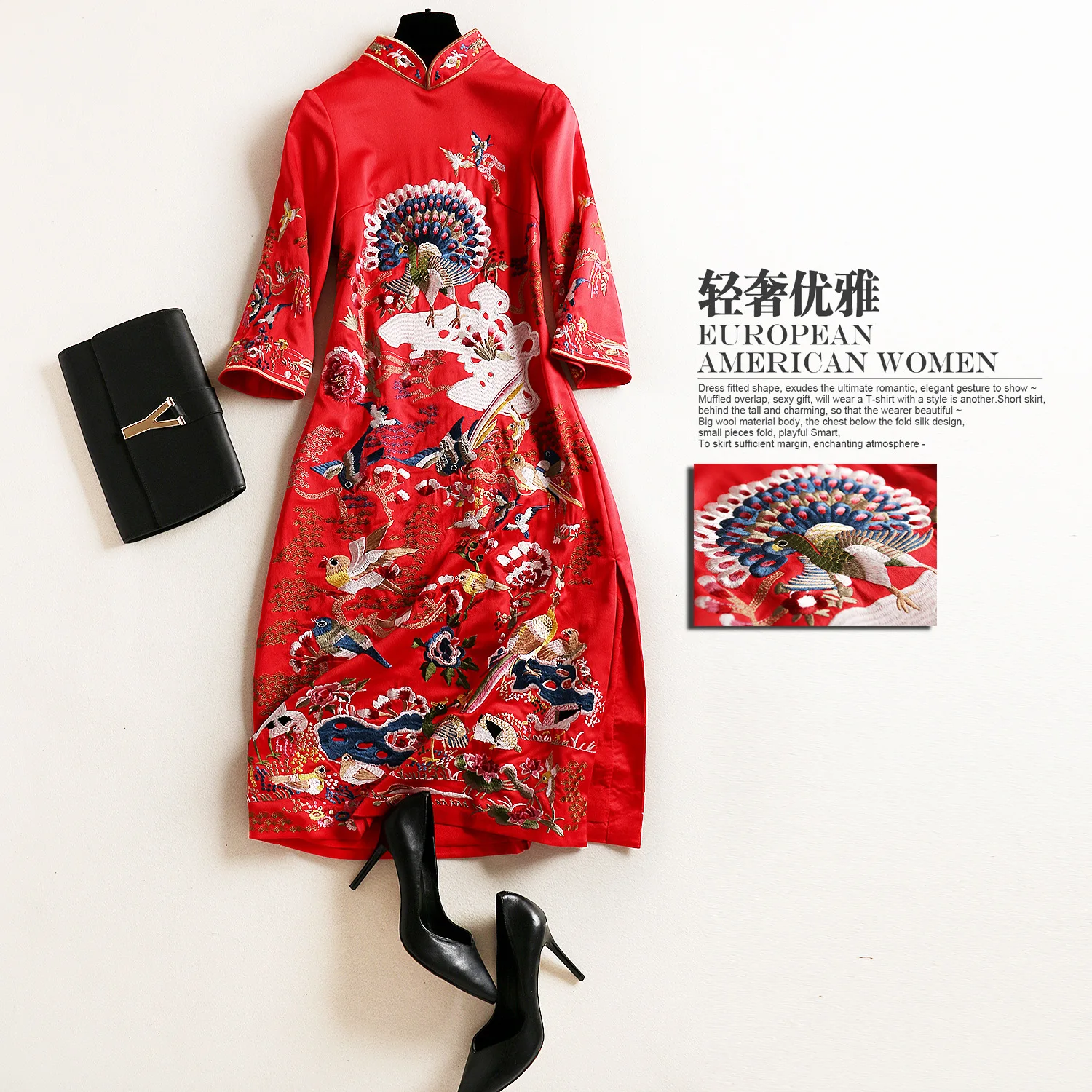 

Ethnic Style 2017 New Arrival Women Dress Stand Collar Vintage Embroidey Robe Femme Dresses Printed Birds Vestido Chinese