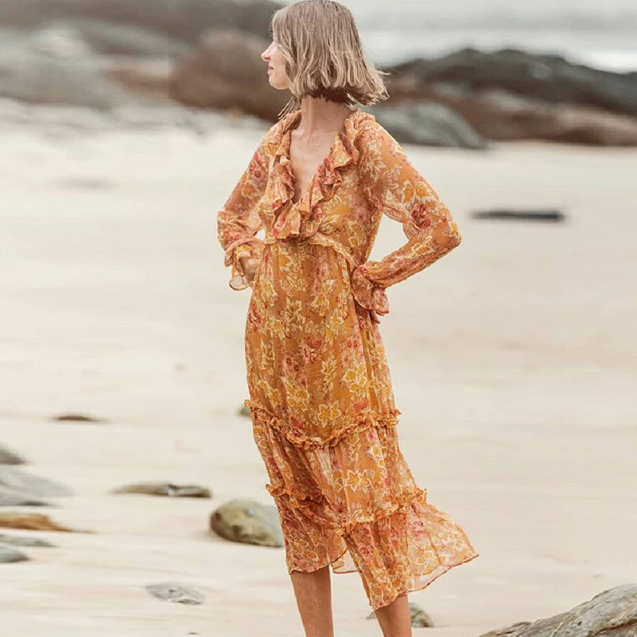 TEELYNN шифоновое платье для женщин 2019 винтажное оранжевое вечернее с принтом
