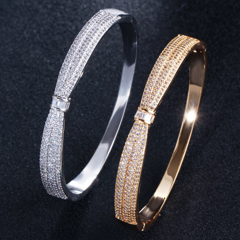 ThreeGraces Summer New Micro Paved Cubic Zirconia Crystal Stone Gold Color Bowknot Shape Cuff Bangle for Women Jewelry BA023 | Украшения и
