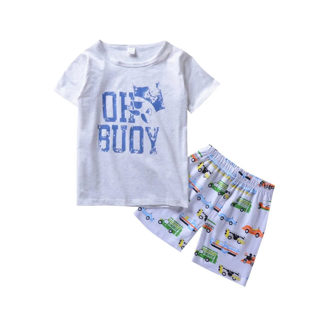 

Baby Clothing Suit White Tee Oh Baby Print Tops+Cartoon Car Bus Shorts 2pcs Kids Clothes Sets