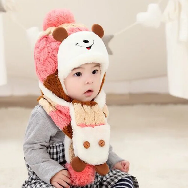 Baby hat scarf two - piece boys girls autumn winter Wear knit plush baby mickey knitting neck Warm caps Within three year |