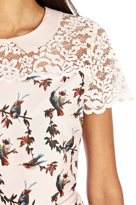 Новые девушки сладкий птицы рисунок кружевное платье с поясом DR1099-A02 | Женская