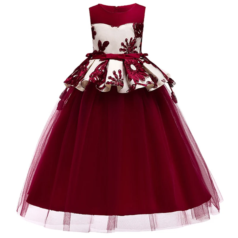 wine red Платья с цветочным узором для девочек; кружевные фатиновые От 3 до 14 лет; Новые нарядные платья с аппликацией для девочек; платья для первого причастия; Детские платья для выпускного вечера - Цвет: wine red