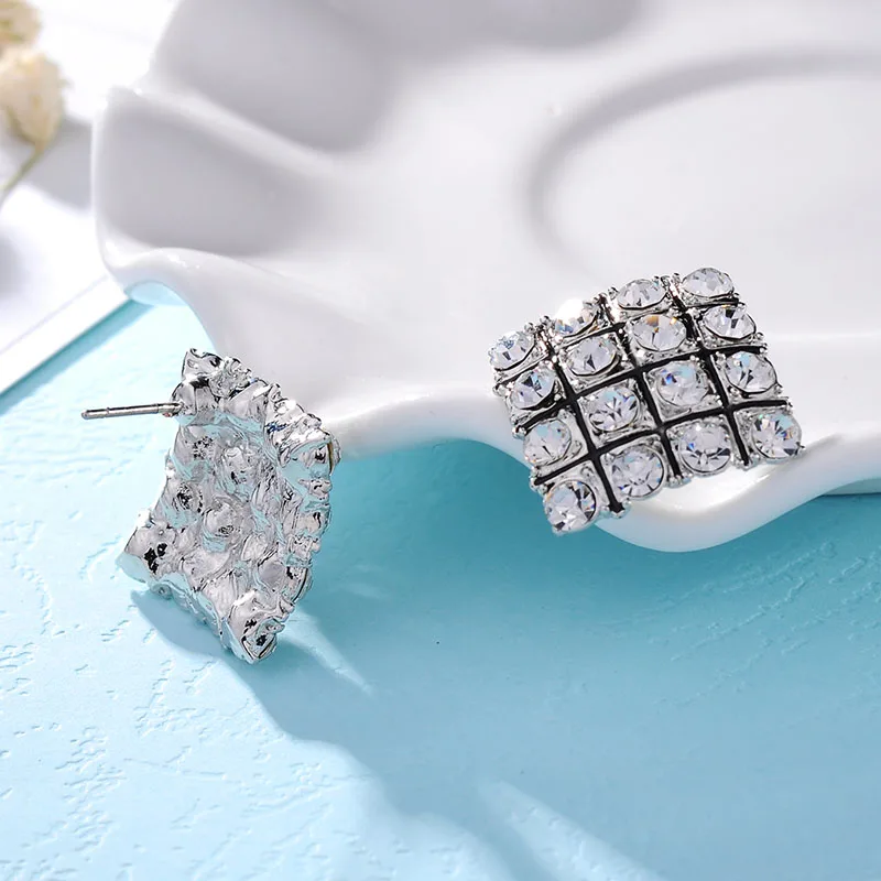 New Korean Temperament OL Square Stud Earrings For Women Fashion Sparking Rhinestone Enamel grid Geometry Earring jewelry | Украшения и