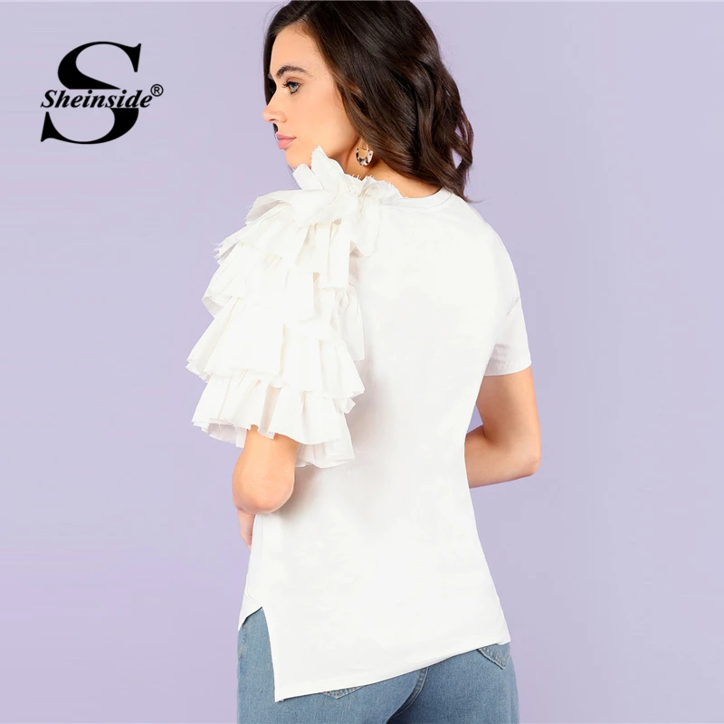 Sheinside Plain White Layered Sleeve Workwear Tops Office Ladies Ruffle Regular Fit Stretch Casual Women Summer T-shirt