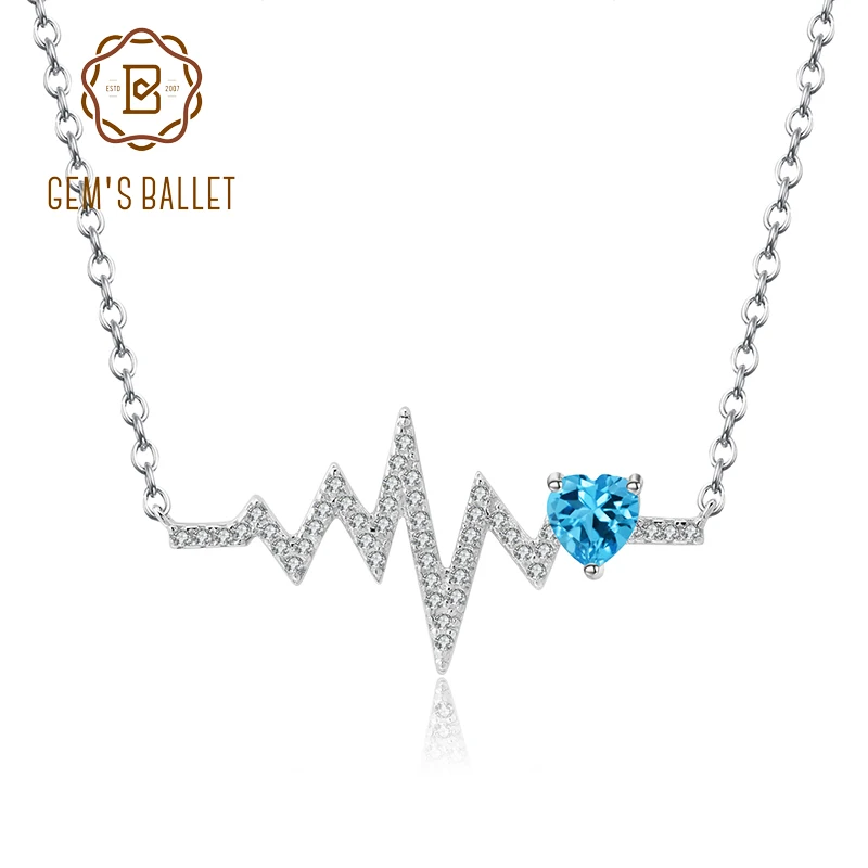 

GEM'S BALLET 925 Sterling Silver Love Heartbeat Necklace for Women Wedding Natural Swiss Blue Topaz Heart Shaped Pendant Jewelry