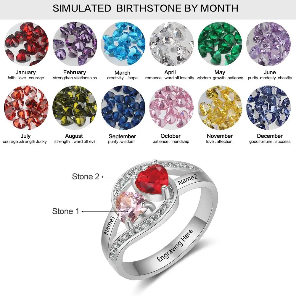 925 Sterling Silver Customized Promise Ring Personalized Heart Shape Birthstone Engraved Name Gift for Wife (Lam Hub Fong) | Украшения и