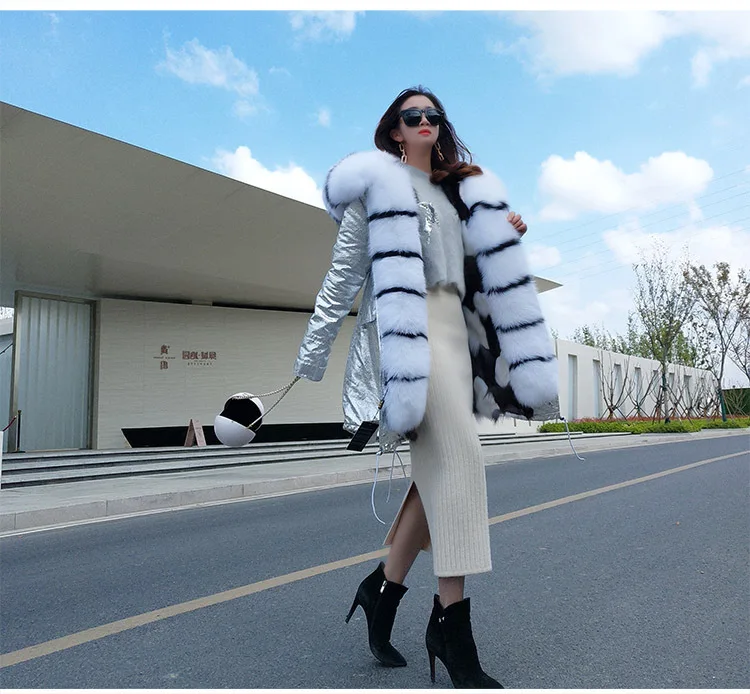Deri Ceket Women Winter Large Natural Real Fox Fur Cuff& Liner Thick Warm Silver Jacket Coast Female Waterproof Loose Parkas