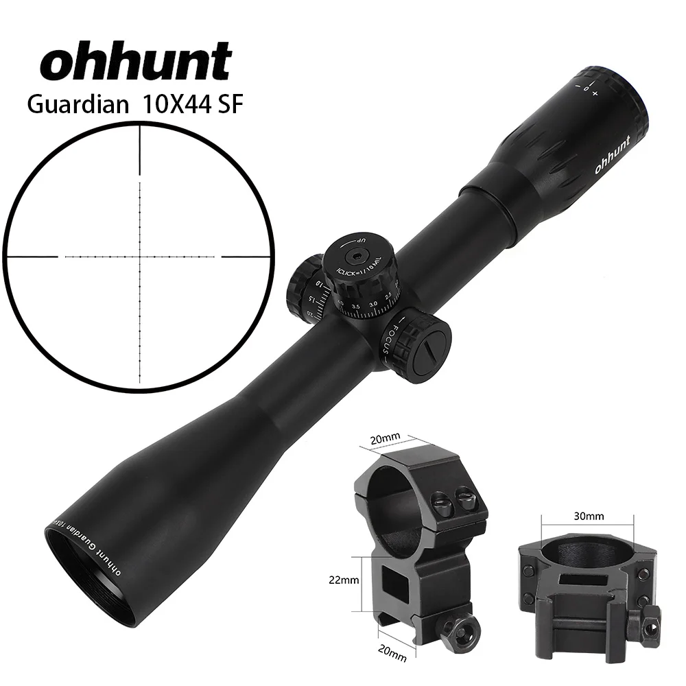 Ohhunt Guardian 10X44 SF охотничьи оптические прицелы сторона параллакса тактический прицел башенки Блокировка сброса фиксированное увеличение 10X прицел - Цвет: with Picatinny Rings