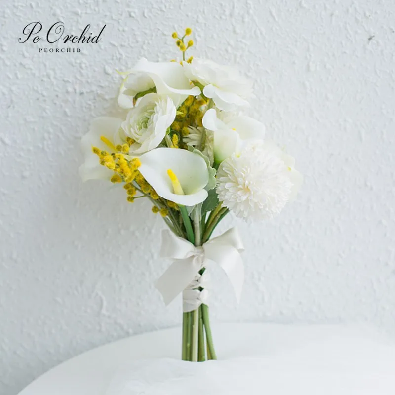 

PEORCHID искусственный белый желтый Калла Лилия Свадебные цветы подружек невесты букеты пляжный стиль Свадебный букет белый фиолетовый розовы...