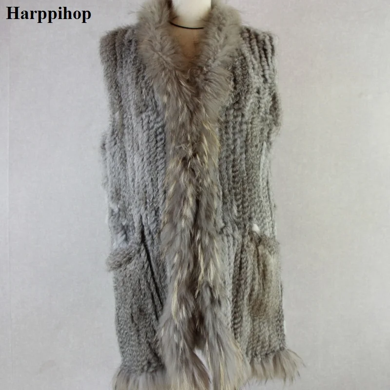 2019 Real rabbit fur vest Women knitted genuine raccoon  fur vest  overcoat pocket garment & raccoon collar without hood