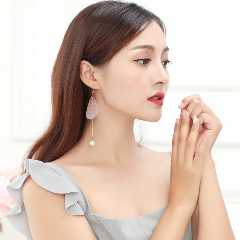 Elegant Korean Pink Butterfly Wings Drop Earrings Imitation Pearl Long Tassel For Women Jewelry Statement | Украшения и