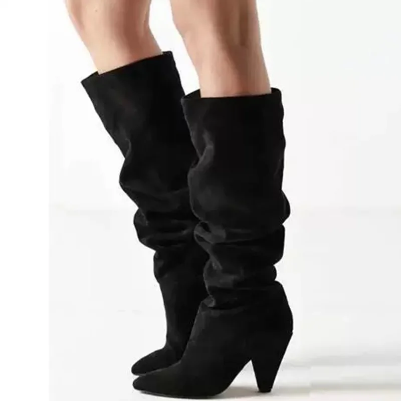 

WETKISS Unusual Heel High Women Boots Pointed Toe Footwear Over The Knee Boot Female Flock Pleated Shoes Woman Winter 2019 New