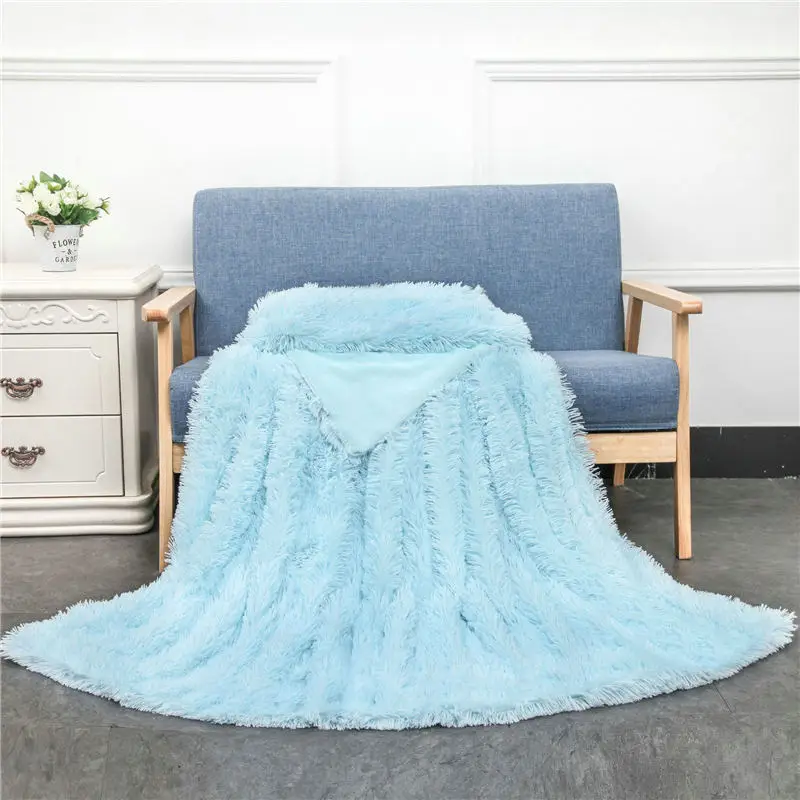 light blue Роскошное Одеяло, длинное плюшевое мохнатое Шелковистое одеяло с искусственным мехом, двойное покрывало, летнее черное покрывало - Цвет: light blue