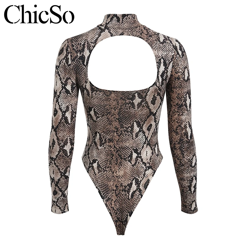 Missychilli Snake print long sleeve bodysuit Women winter one-piece sexy Autumn hollow out playsuit rompers overalls |