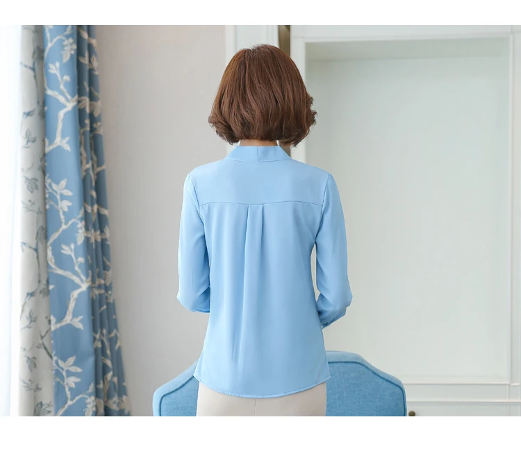 Spring Autumn women Basic style casual Full-sleeve shirts solid Bow V-neck large size loose blouse office lady chiffon tops