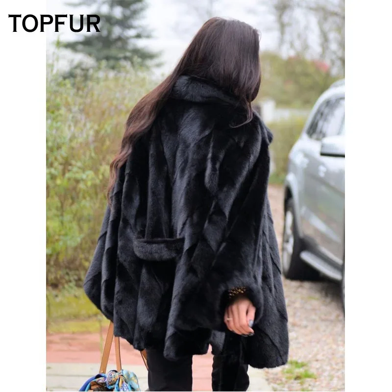TOPFUR 2021 New Bat Type Real Mink Fur Coat Long Black Natural Mink Fur Coats Lapel With Belt Whole Skin Fur Warm Winter Outwear